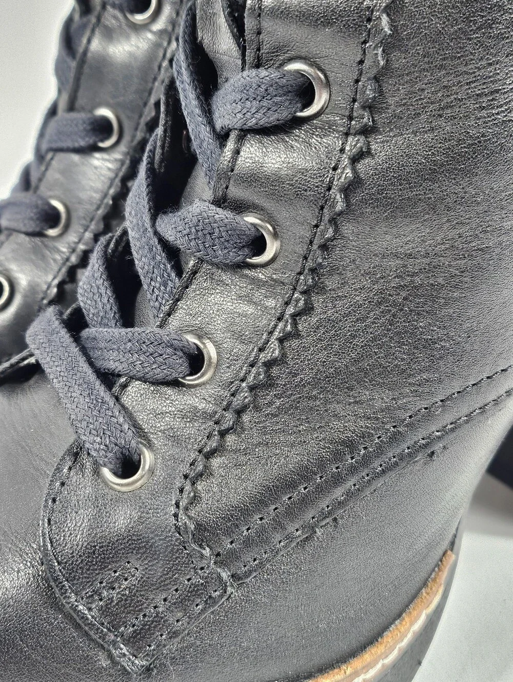 Chelsea & Violet Lexie Black Leather Lace-Up Block Heel Lug Sole Ankle Boot - Picture 6 of 16